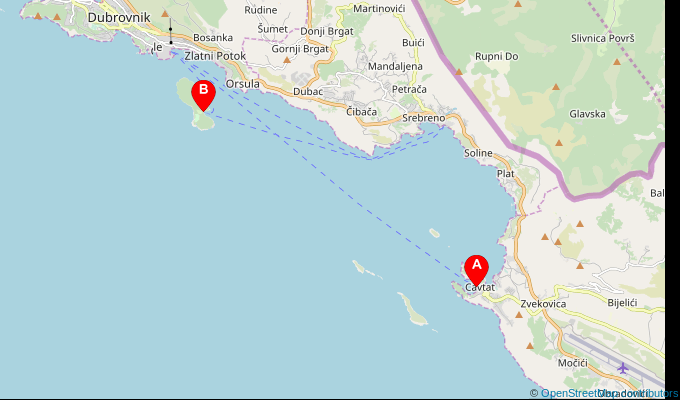 Map of ferry route between Cavtat and Lokrum (Portoc Bay)
